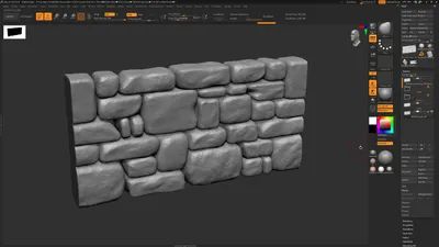 In the new approach I created the low-poly for stones in various sizes and high-poly sculpted them individually. Then I arranged everything into a wall. I made sure it tiled seamlessly by cutting the stones on the ends into halfs and placing one on the left, the other on the right.